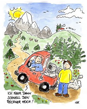 Computer-Cartoon: Rechner hoch fahren