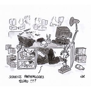 Computer-Cartoon: Papierloses Büro