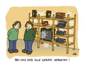 Computer-Cartoon: Alle Geräte vernetzt